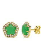 18K PENDIENTES ORO AMARILLO FLOR PIEDRA VERDE, 9X9 MM CIERRE PRESION