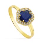 18K SORTIJA ORO AMARILLO CON CIRCONITA FLOR AZUL, ANCHO: 9 X 9 MM