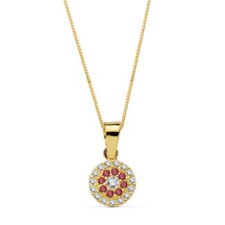 18K GARGANTILLA COLLAR ORO AMARILLO REDONDO PIEDRA ROJA 7 MM CADENA 45CM