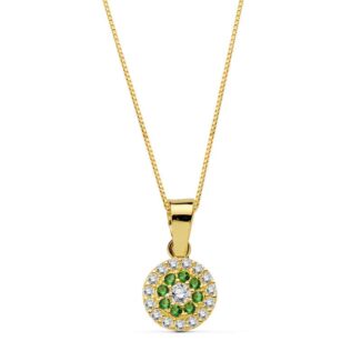 18K GARGANTILLA COLLAR ORO AMARILLO REDONDO PIEDRA VERDE 7 MM CADENA 45CM