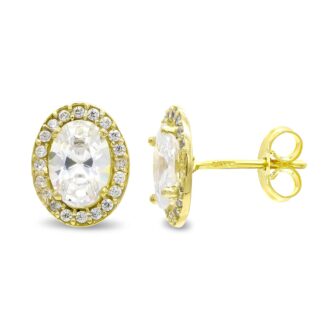 18K PENDIENTES ORO AMARILLO OVAL CIRCONITA 10X8 MM CIERRE PRESION