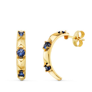 18K PENDIENTES ORO AMARILLO BANDAS CON PIEDRAS COLOR AZUL 18X3 MM, CIERRE PRESION