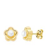 18K PENDIENTES ORO AMARILLO FLOR PERLA 8X8 MM CIERRE PRESION