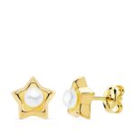 18K PENDIENTES ORO AMARILLO ESTRELLA PERLA 8X8 MM CIERRE PRESION