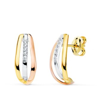 18K PENDIENTES ORO TRICOLOR BANDAS CON CIRCONITA 15X7 MM CIERRE PRESION