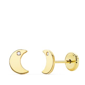 18K PENDIENTES ORO AMARILLO LUNA CIRCONITA 6,5X5 MM CIERRE TUERCA