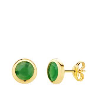 18K PENDIENTES ORO AMARILLO CHATON PIEDRA VERDE, 6,5 MM CIERRE PRESION