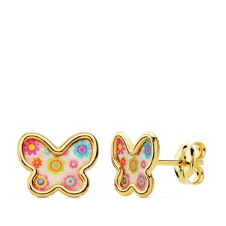 18K PENDIENTES ORO AMARILLO MARIPOSAS NACAR COLORES, 9X7 MM CIERRE PRESION