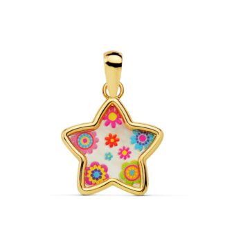 18K COLGANTE ORO AMARILLO ESTRELLA NACAR COLORES, 13X13 MM