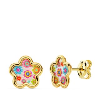 18K PENDIENTES ORO AMARILLO FLOR NACAR COLORES, 8X8 MM CIERRE PRESION