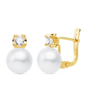 18K PENDIENTES ORO AMARILLO GARRAS CIRCONITA PERLA 7,5 MM 11X7,5 MM CIERRE CATALAN