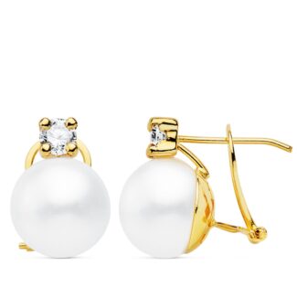 18K PENDIENTES ORO AMARILLO PERLA Y GARRA 15X11 MM CIERRE OMEGA