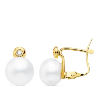 18K PENDIENTES ORO AMARILLO PERLA Y CHATON, 10X7 MM CIERRE CATALAN