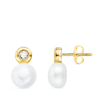 18K PENDIENTES ORO AMARILLO PERLA Y CHATON CON CIRCONTIA, MEDIDA: 12 X 7 MM, CIERRE PRESION