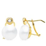 18K PENDIENTES ORO AMARILLO PERLA Y CHATON, 15X10 MM CIERRE OMEGA