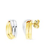 18K PENDIENTES ORO BICOLOR BANDAS LISAS, 13X7 MM CIERRE DE PRESION,