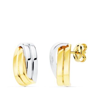 18K PENDIENTES ORO BICOLOR BANDAS LISAS, 13X7 MM CIERRE DE PRESION,