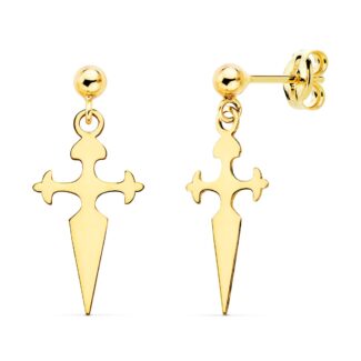 18K PENDIENTES ORO AMARILLO CRUZ DE SANTIAGO 17X8 MM BOLA 3 MM PRESION