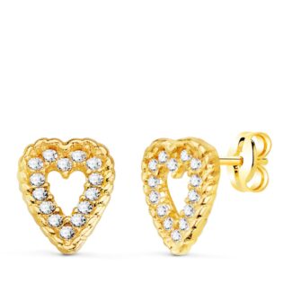 18K PENDIENTES ORO AMARILLO CORAZON 9X7 MM 28 CIRCONITA PRESION