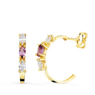 18K PENDIENTES ORO AMARILLO MEDIO ARO AMATISTA TALLA MARQUISE, 15X2 MM PRESION