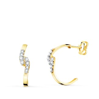 18K PENDIENTES ORO BICOLOR MEDIA ARO CUADRADO CON CIRCONITA 15X3 MM PRESION