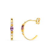 18K PENDIENTES ORO AMARILLO MEDIO ARO AMATISTA TALLA MARQUISE, 15X2 MM, CIERRE PRESION