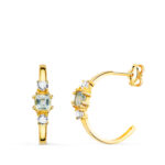 18K PENDIENTES ORO AMARILLO MEDIO ARO AGUAMARINA CUADRADA Y CIRCONITAS, 14X3,5 MM CIERRE PRESION