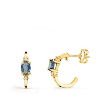 18K PENDIENTES ORO AMARILLO MEDIO ARO LISO CON AGUAMARINA 12X3 MM CIERRE PRESION,