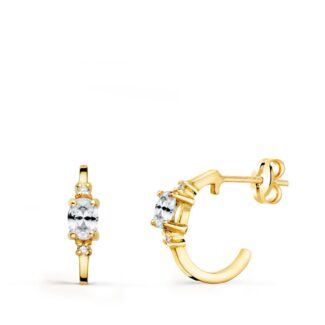 18K PENDIENTES ORO AMARILLO MEDIO ARO LISO CON CIRCONITA 12X3 MM CIERRE PRESION,
