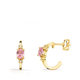 18K PENDIENTES ORO AMARILLO MEDIO ARO LISO CON CIRCONITA ROSA 12X3 MM CIERRE PRESION,