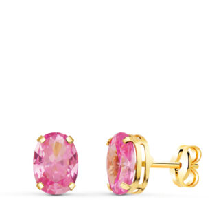 18K PENDIENTES ORO AMARILLO OVAL PIEDRA ROSA 7 X 5 MM, CIERRE PRESION