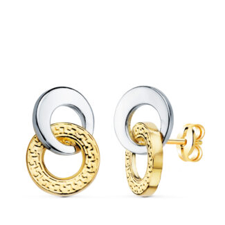 18K PENDIENTES ORO BICOLOR DOBLE ARO LISO Y GRECA 13 X 9 MM, CIERRE PRESION