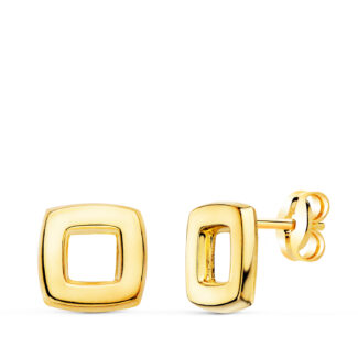 18K PENDIENTES ORO AMARILLO CUADRADOS EN BRILLO 8X8 MM, CIERRE PRESION