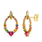 18K PENDIENTES ORO AMARILLO OVALES CON CIRCONITA MULTICOLOR REDONDAS 19 X 11 MM, CIERRE PRESION