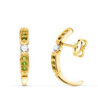 18K PENDIENTES ORO AMARILLO MEDIO ARO ABIERTO CON CIRCONTIAS VERDES 16 X 3 MM, CIERRE PRESION