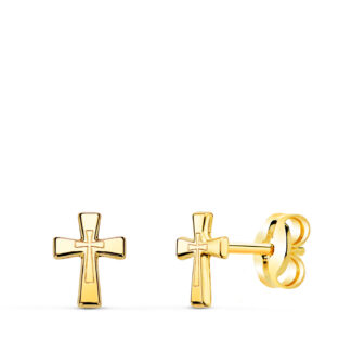 18K PENDIENTES ORO AMARILLO CRUZ EN BRILLO 6 X 4,5 MM, CIERRE PRESION