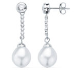 18K PENDIENTES ORO BLANCO PERLA Y CHATON CON CIRCONITA 30X8MM PRESION