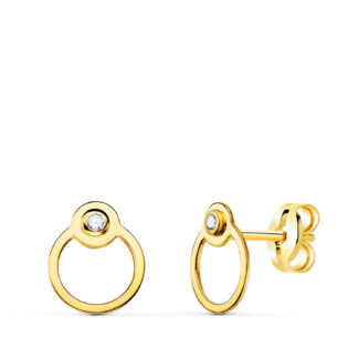 18K PENDIENTES ORO AMARILLO REDONDOS CON CIRCULO Y CIRCONITA, CIERRE PRESION 7 X 6 MM