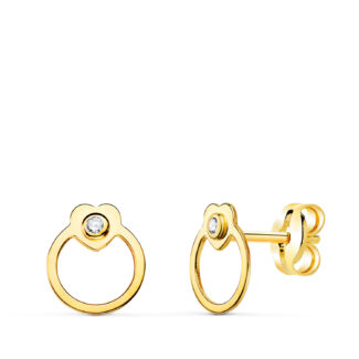 18K PENDIENTES ORO AMARILLO REDONDOS CON CORAZON Y CIRCONITA, CIERRE PRESION 7 X 6 MM