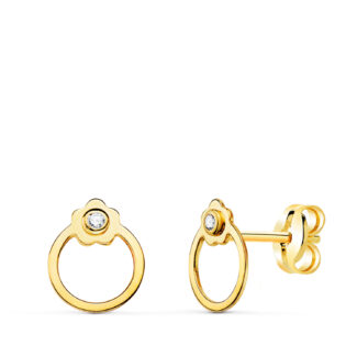 18K PENDIENTES ORO AMARILLO REDONDOS CON FLOR Y CIRCONITA, CIERRE PRESION 8 X 6 MM
