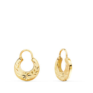 18K PENDIENTES AROS CRIOLLA ORO AMARILLO HUECOS TALLADOS, ANCHO: 11MM, GROSOR: 2MM