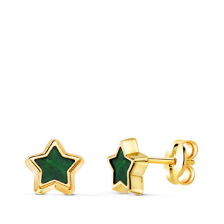 18K PENDIENTES ORO AMARILLO ESTRELLA CON MALAQUITA 7X7 MM, CIERRE PRESION
