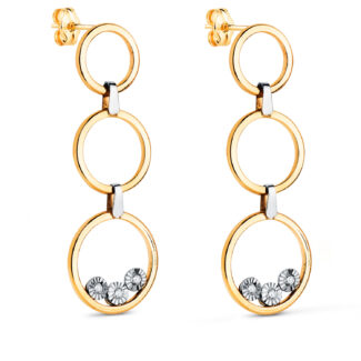 18K PENDIENTES ORO BICOLOR LARGOS TRES AROS CON CIRCONITAS, MEDIDA: 34 X 11 MM, CIERRE PRESION