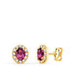 18K PENDIENTES ORO AMARILLO PIEDRA OVAL AMATISTA Y CIRCONITAS, 6,5 X 5,5 MM, CIERRE PRESION