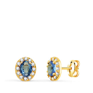 18K PENDIENTES ORO AMARILLO PIEDRA OVAL AZUL Y CIRCONITAS, 6,5 X 5,5 MM, CIERRE PRESION
