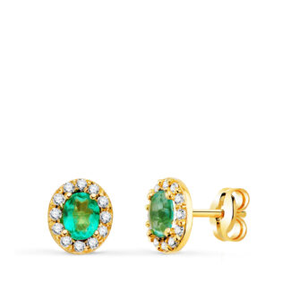 18K PENDIENTES ORO AMARILLO PIEDRA OVAL TOPACIO PARAIBA Y CIRCONITAS, 6,5 X 5,5 MM, CIERRE PRESION
