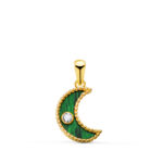 18K COLGANTE ORO AMARILLO MEDIA LUNA CERCO BOLITAS Y MALAQUITA CON CIRCONITA 12,5X9,5 MM,