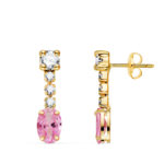 18K PENDIENTES ORO AMARILLO CIRCONITA ROSA EN FORMA OVAL Y CIRCONITAS, 20X5 MM, CIERRE PRESION