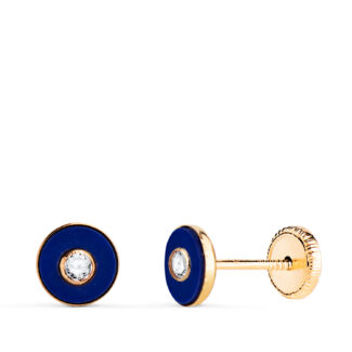 18K PENDIENTES ORO AMARILLO REDONDOS LAPIZLAZULI CON BOCEL CIRCONITA, MEDIDA: 5,5MM, CIERRE TUERCA