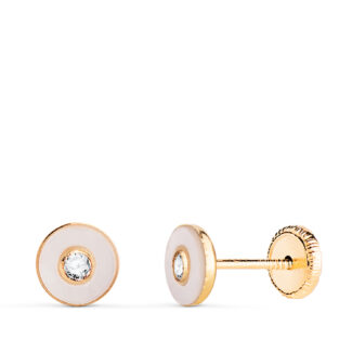 18K PENDIENTES ORO AMARILLO REDONDOS NACAR CON CIRCONITA, MEDIDA: 5,5MM, CIERRE TUERCA